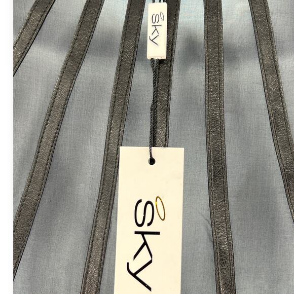 NWT SKY | L | Leather Trimmed Sheer Back Top Blouse Ruched Deep V GWENNO - Picture 6 of 9